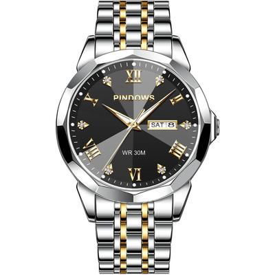 PINDOWS Luxury Business Dress Analog Quartz Water Luminous Date Stainless Steel Classic Business Casual Style Men's Watch, Diamond-Decorated, Style,