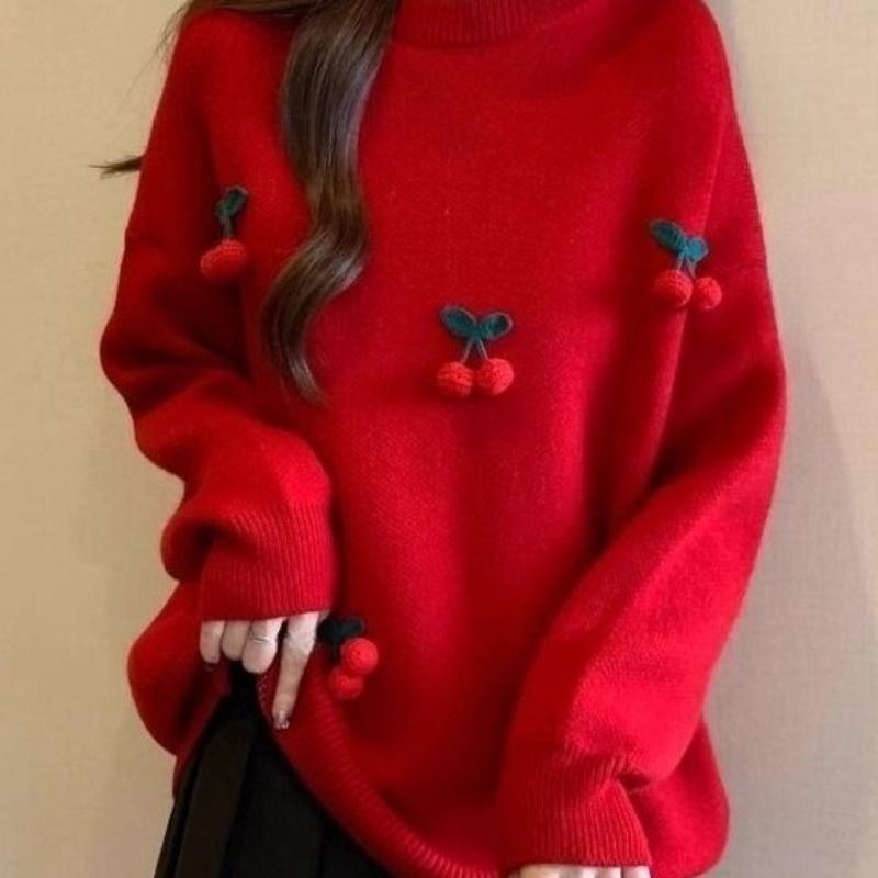 3D Cherry Decoration Women's Sweater Round Collar Solid Color Long Sleeved Pullover Korean Version Autumn New Style Loose Female Top