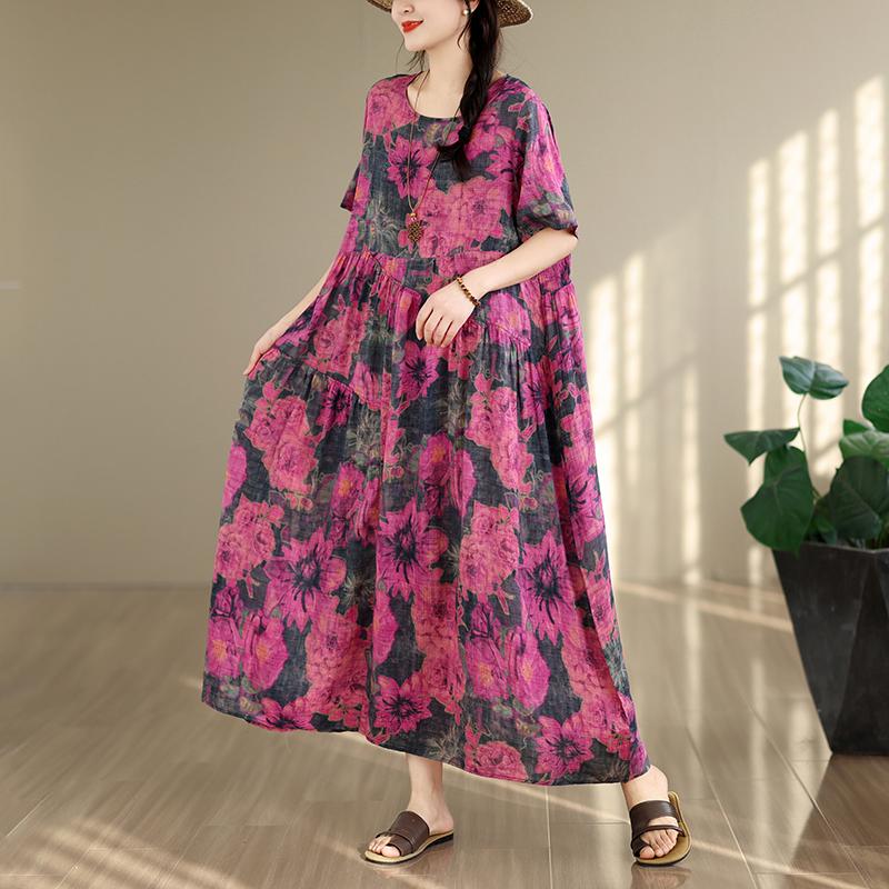 DIMANAF New 2026 Sundress Women Plus Size Summer Casual Print Long Dress Oversize Cotton Loose Maxi Floral Beach Holiday
