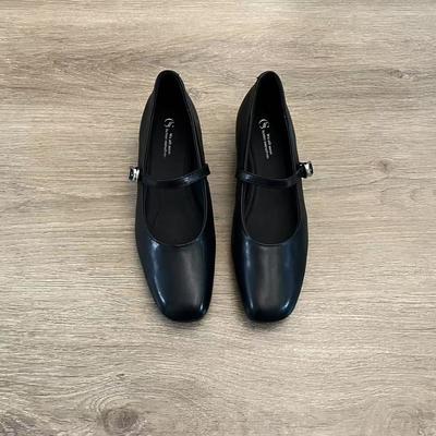 Sheepskin Version of Genuine Leather Mary Jane Shoes Women's French Retro One-pedal Shallow Mouth Square Head Flat Shoes One Word with Single Shoes