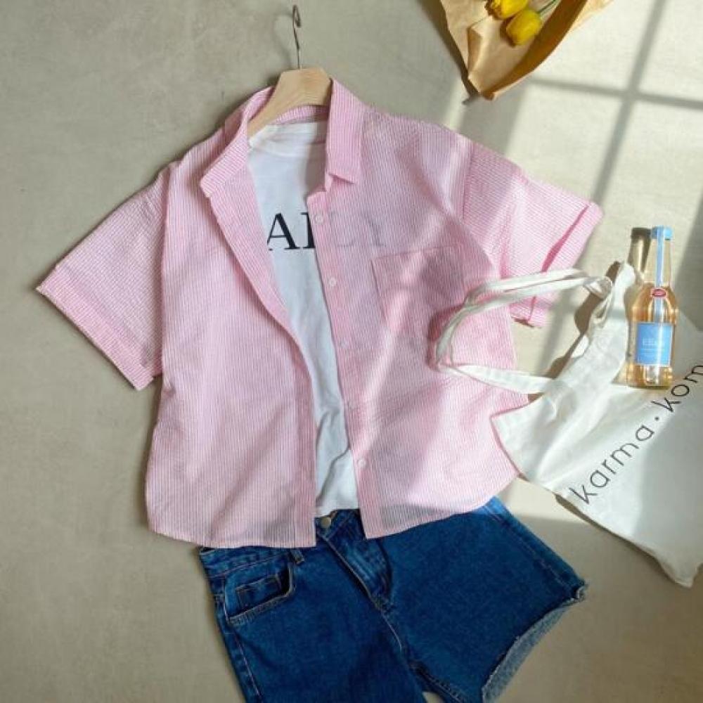 New Arrivals Open Run Women Summer Loose Fit Pocket Striped Short Sleeve Shirt