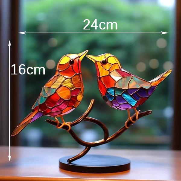 Stained Birds On Branch Desktop Ornaments Home Accessories Home Decor Glass Bird Sculpture Table Accent Colored Figurine Metal