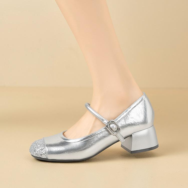Sheepskin one-word buckle thick heel shallow mouth single shoes new bright diamond splicing middle heel Mary Jane small leather shoes