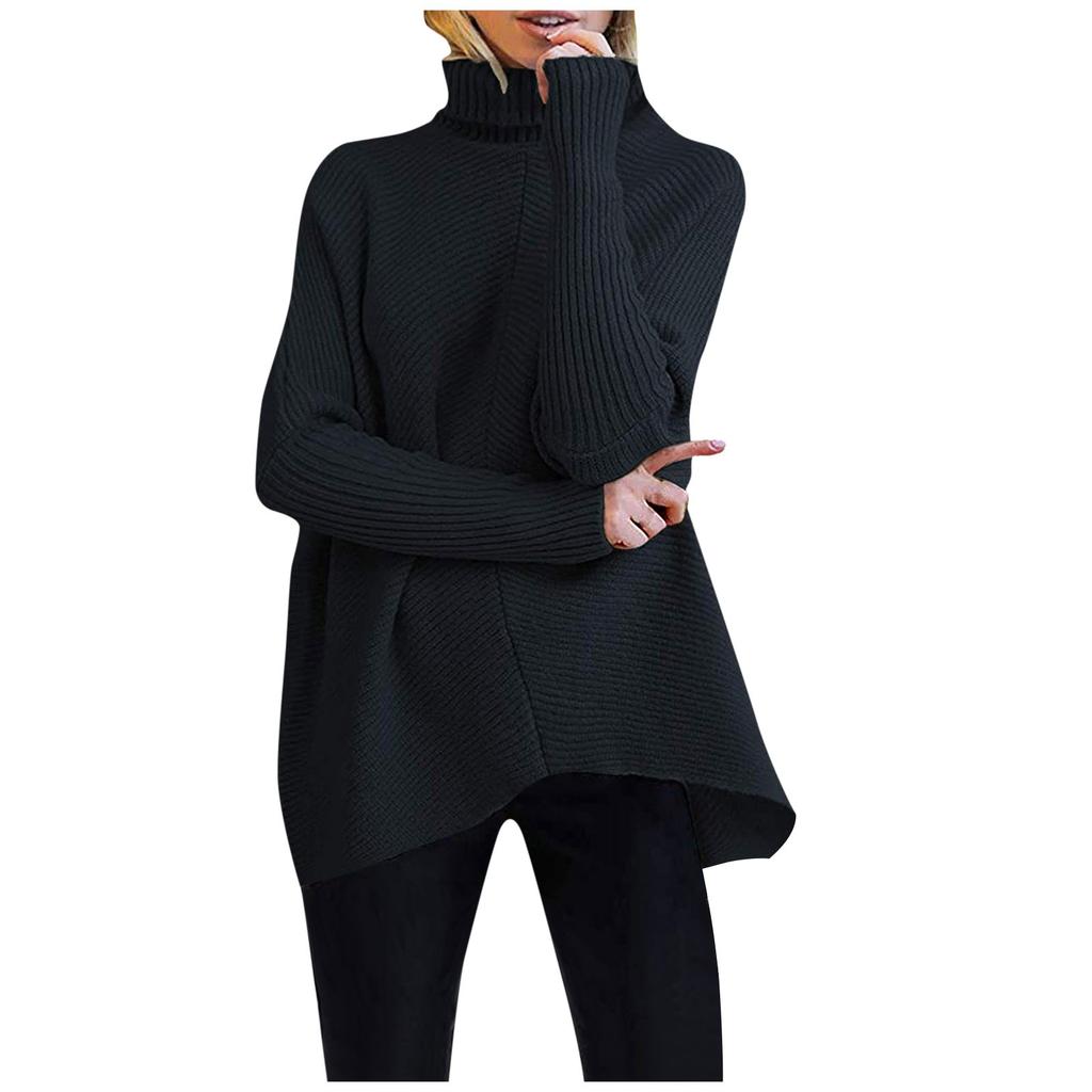 Damen-Pullover, lockerer, einfarbiger, unregelmäßiger Saum, Stehkragen, langärmliger Strickpullover