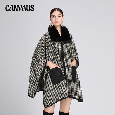 Winter Women's Shawl Cape Large Size Thousand Bird Check Fur Collar Shawl Cape Loose Tweed Jacket