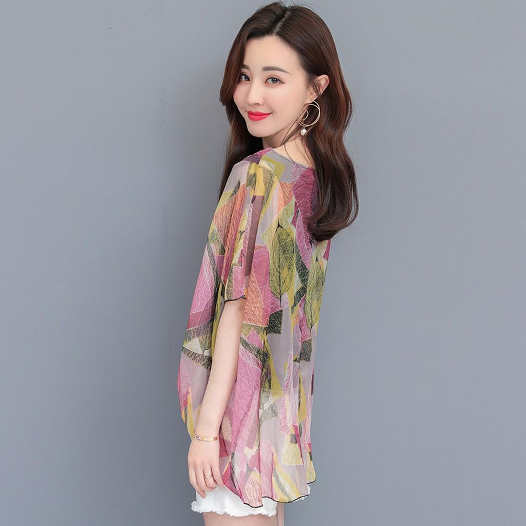 Women's  Printing Chiffon Blouse Summer  Short Sleeve  Shirt