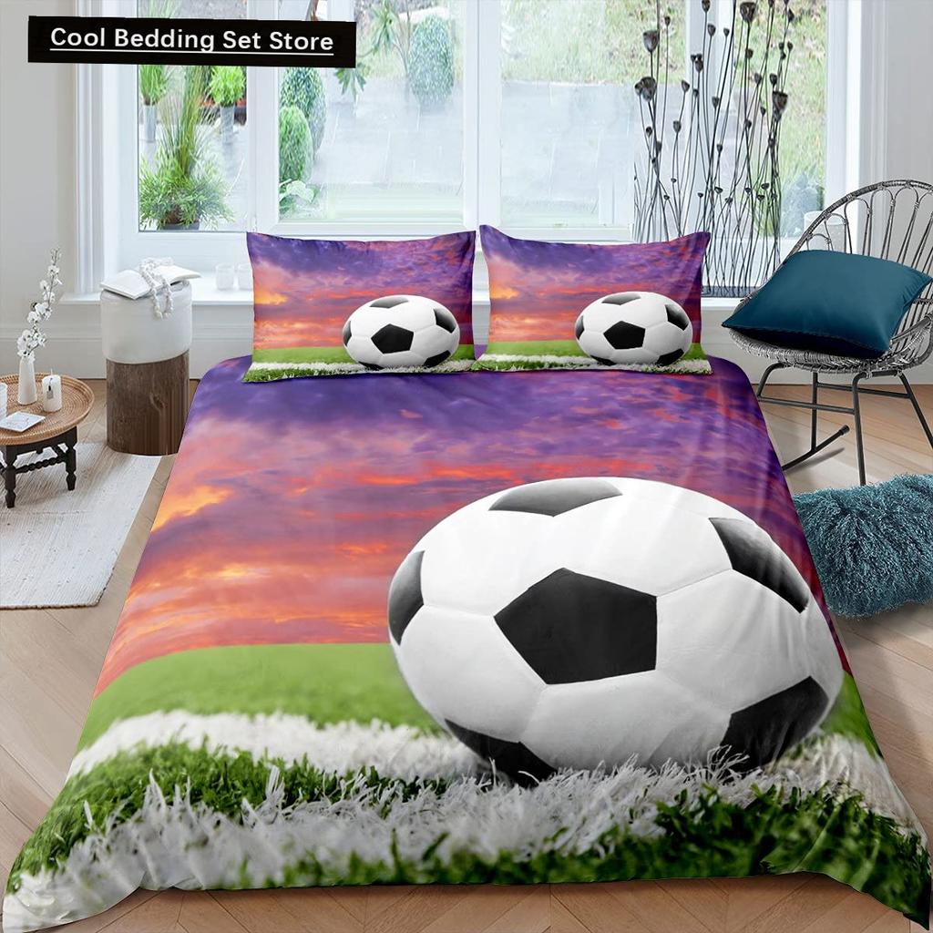 Husă de Plapumă Verde Teren de Fotbal King Queen Husă de Plapumă Teren de Fotbal Set de Lenjerie de Pat pentru Băieți Bărbați Jocuri Sportive Husă de Plapumă Poliester