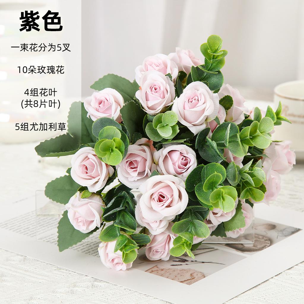 Artificial Bouquet Small Handle Rose Eucalyptus Leaves Home Decor Living Room Decoration Wedding Garden Simulated Flowers