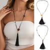Bohemian Adjustable Long Tassel Pendant Resin Beads Beaded Black Wax Rope Necklace for Women Ethnic Style Vacation Jewelry Gifts