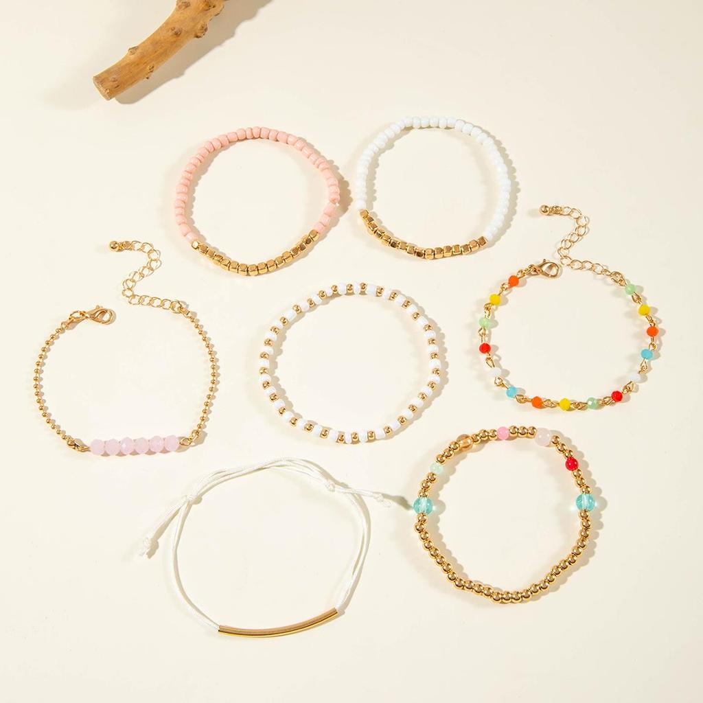 Bohemian Style Colorful Rice Bead CCB Seven Piece Bracelet Dopamine Elastic Bracelet Set for Women