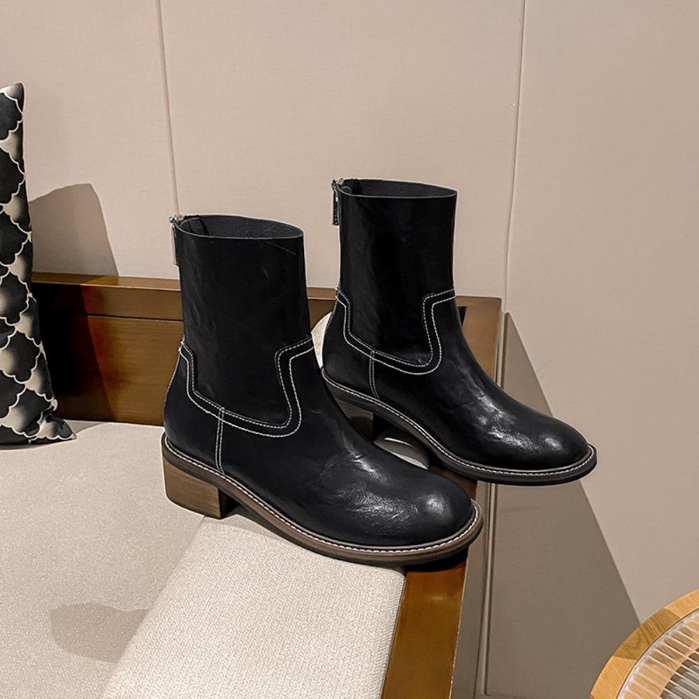 Ankle Boots Retro Round Toe Thick Heel Short Boots Women Autumn and Winter New Item Washed Pattern Back Zipper Platform Boots