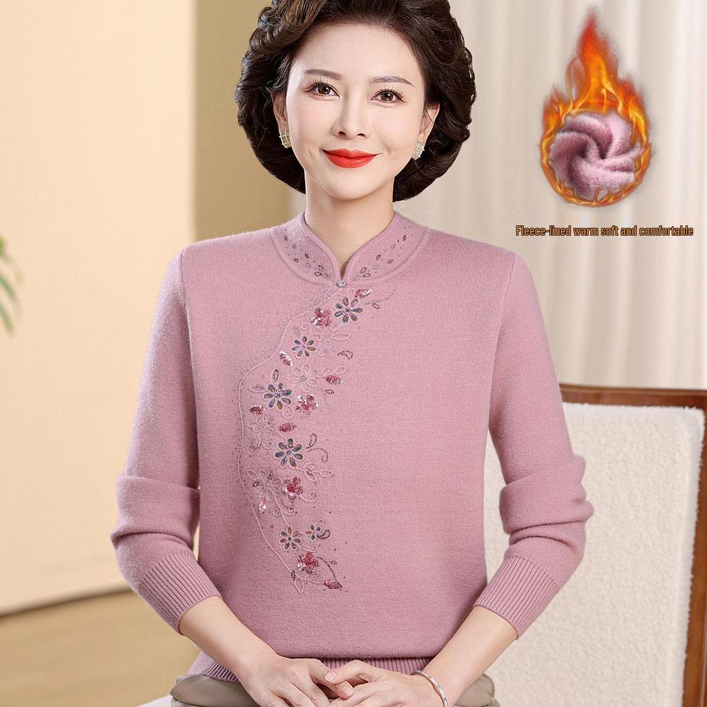 New Chinese Style Warm Fleece-Lined Qipao Collar Sweater for Middle-Aged & Elderly Women