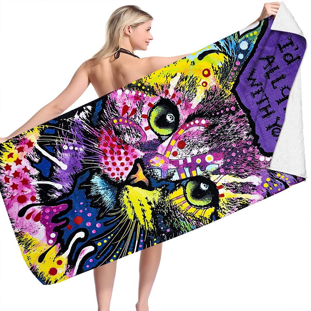 Ink Wash Cat Dog Series digital-printed polyester Superfine fiber double-sided fleece Beach vacation bath towel, beach towel