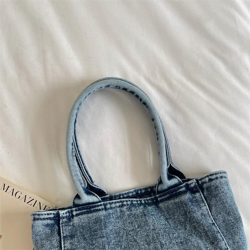 Mini Borsa Tote in Denim Lavato con Design a Lettere Ricamate Manico Superiore Borsa a Mano Piccola Casual per Donne Quotidiana