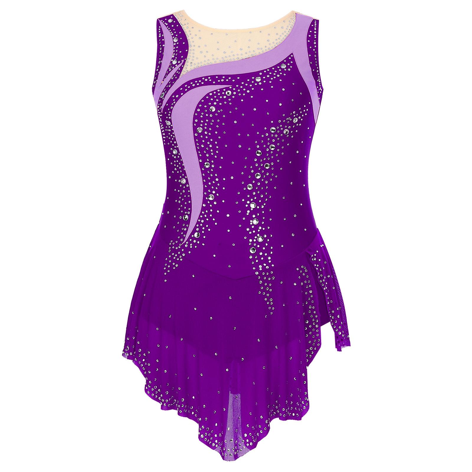 Inlzdz Dames Glanzende Strass Ritmische Dans Gymnastiek Leotard Mouwloos Rolschaatsen Danskostuum Ballet Lyrische Bodysuit Jurk S paars