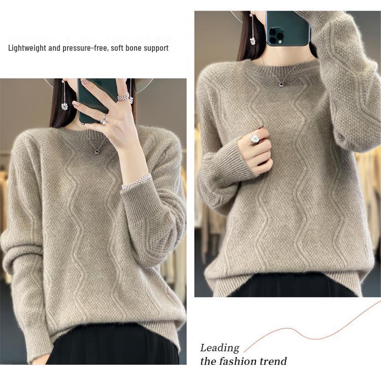 Women's Thickened Autumn-Winter Cable Knit Wool Sweater – Round Neck Cashmere Pullover.