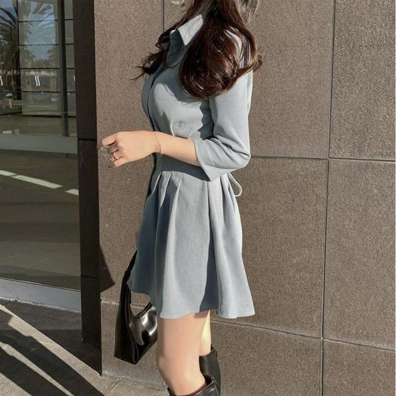 Elegant Single-Breasted Slimming Puff Sleeve Petite A- Line Dress Sweet Aesthetic Lapel Waist-Fitted Ideal