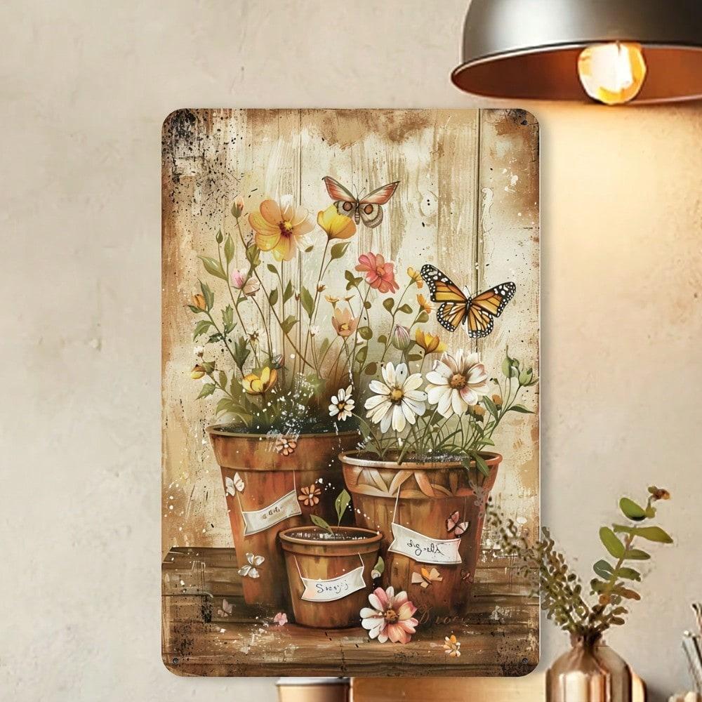 Vintage Rustic Floral Butterfly Metal Tin Sign Wall Decor 8x12 Inch Weathered Iron Art