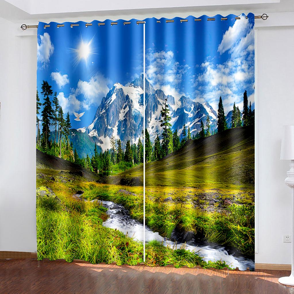 

3D дешевые горы реки лес пейзаж солнцезащитные шторы 2 панели бесплатная доставка роскошная гостиная спальня домашний декор занавес 200W240H(CM)79x95in&Grommet Top