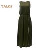 Women Summer Dress Pleated Round Neck Sleeveless Solid Color Loose Slit Hem Maxi Dress Daily Date Party Wear Long Dress