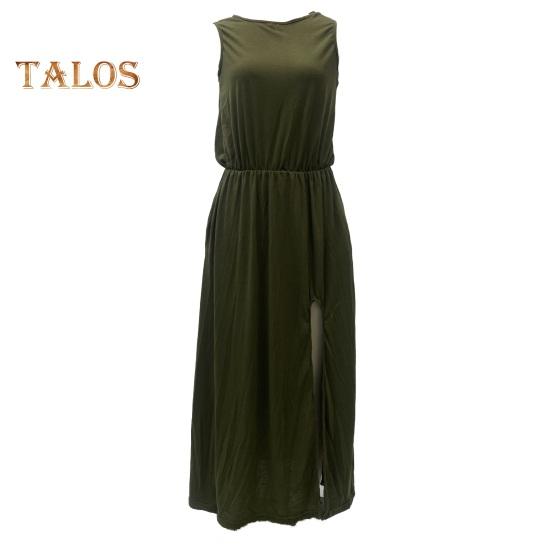 Women Summer Dress Pleated Round Neck Sleeveless Solid Color Loose Slit Hem Maxi Dress Daily Date Party Wear Long Dress
