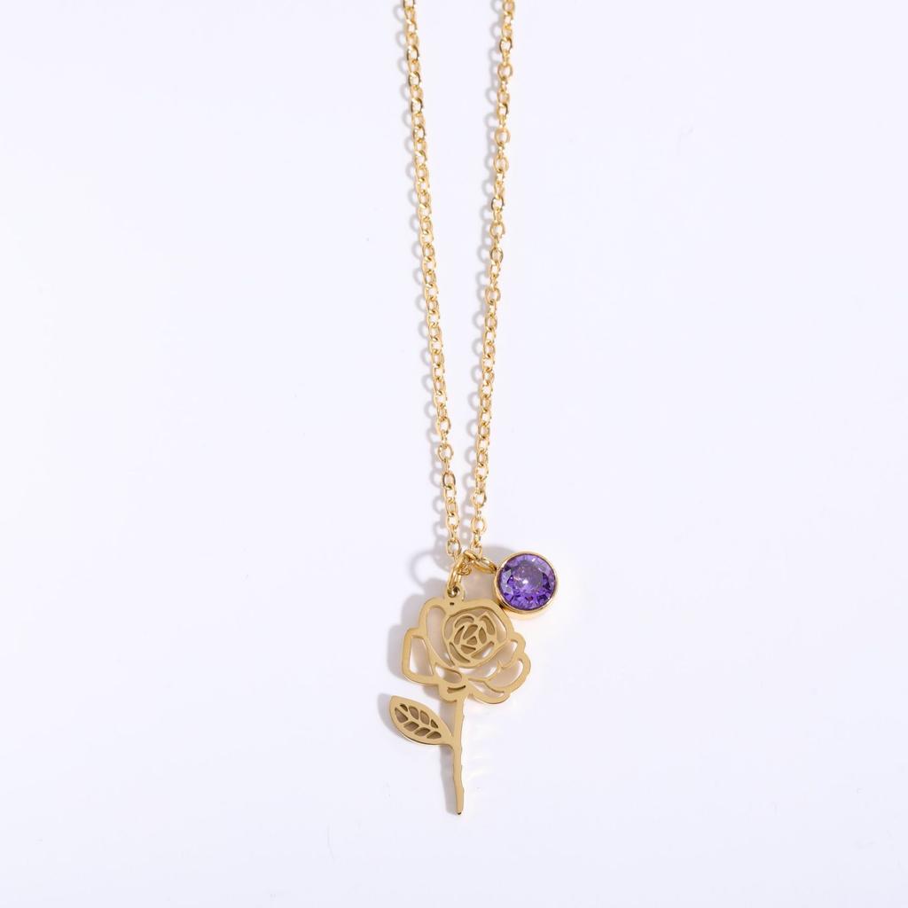 Birth Month Flower Pendant, Rose Flower Necklace Charms Set Stainless Steel