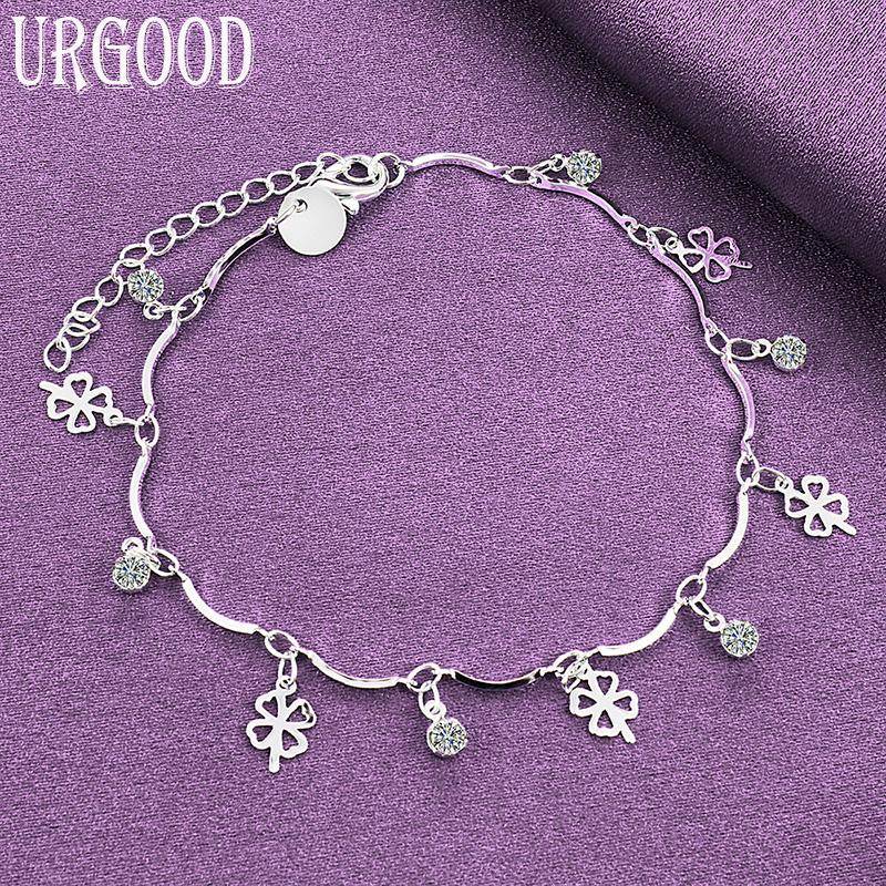 925 Sterling Silver Four Leaf Grass AAA Zircon Bracelet Gift Fashion Jewelry
