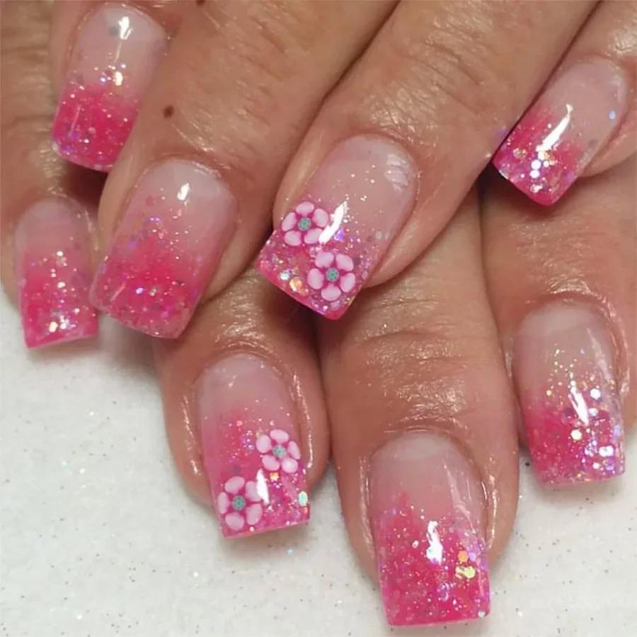 24Pcs Pink Flower Square Fake Nails With Glue Cute White Artificial Press On Acrylic Nails Wearable False Nails