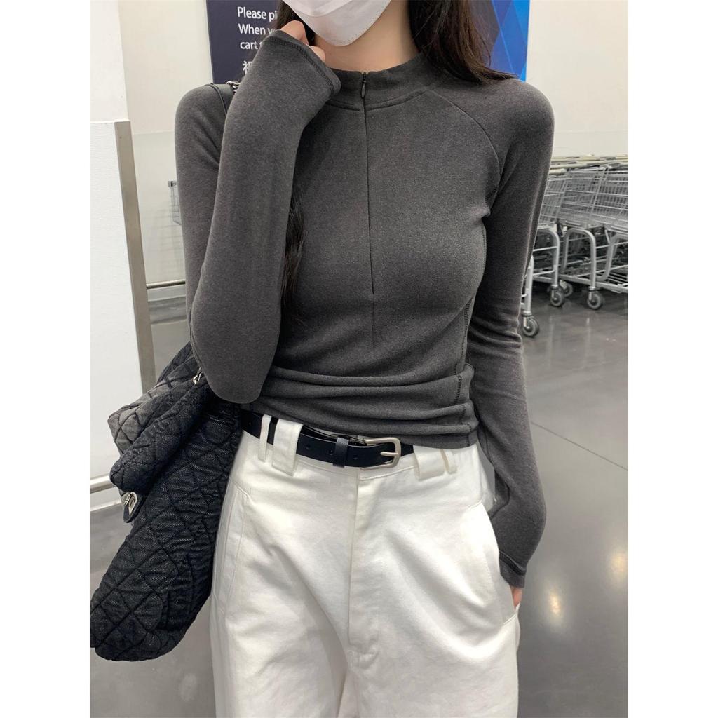 Women's Thermal Fleece Zipper Long-Sleeve T-Shirt with Half-High Collar - Autumn/Winter Warm Base Layer Top