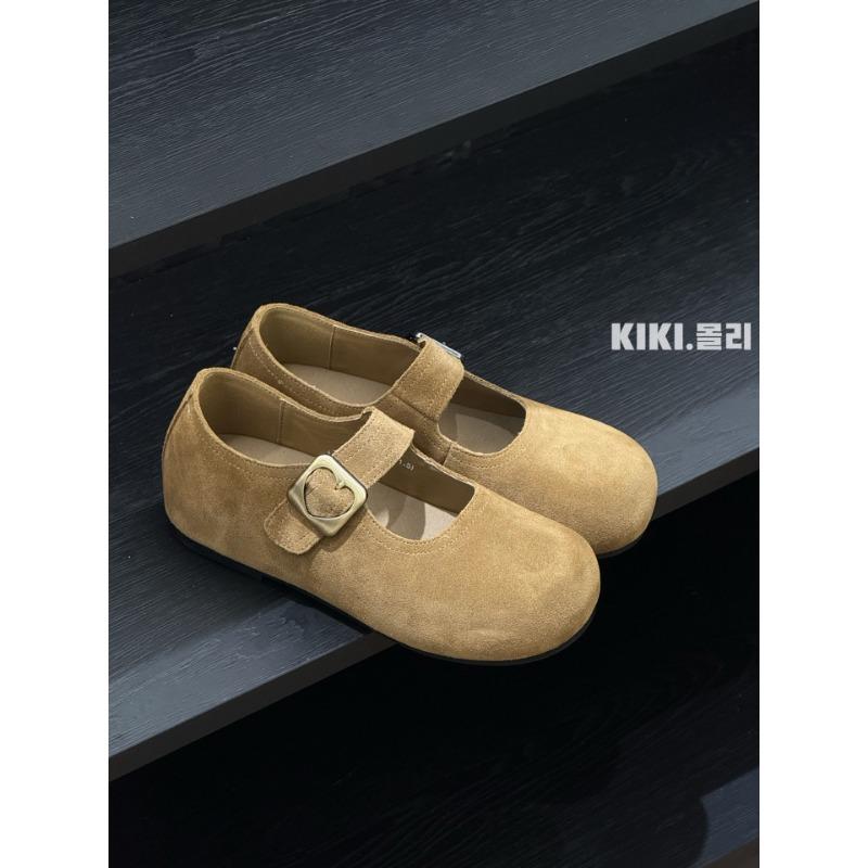 

Yellow retro matte leather Velcro word with Mary Jane shoes ballet versatile round head flat sole shoes women 35 каштановый