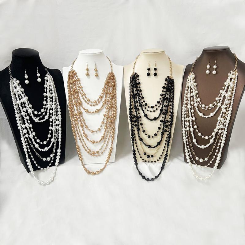 Elegant Multilayer Simulated Pearls Necklace And Earrings Set For Women Long Necklace Fashion Jewelry Accessories