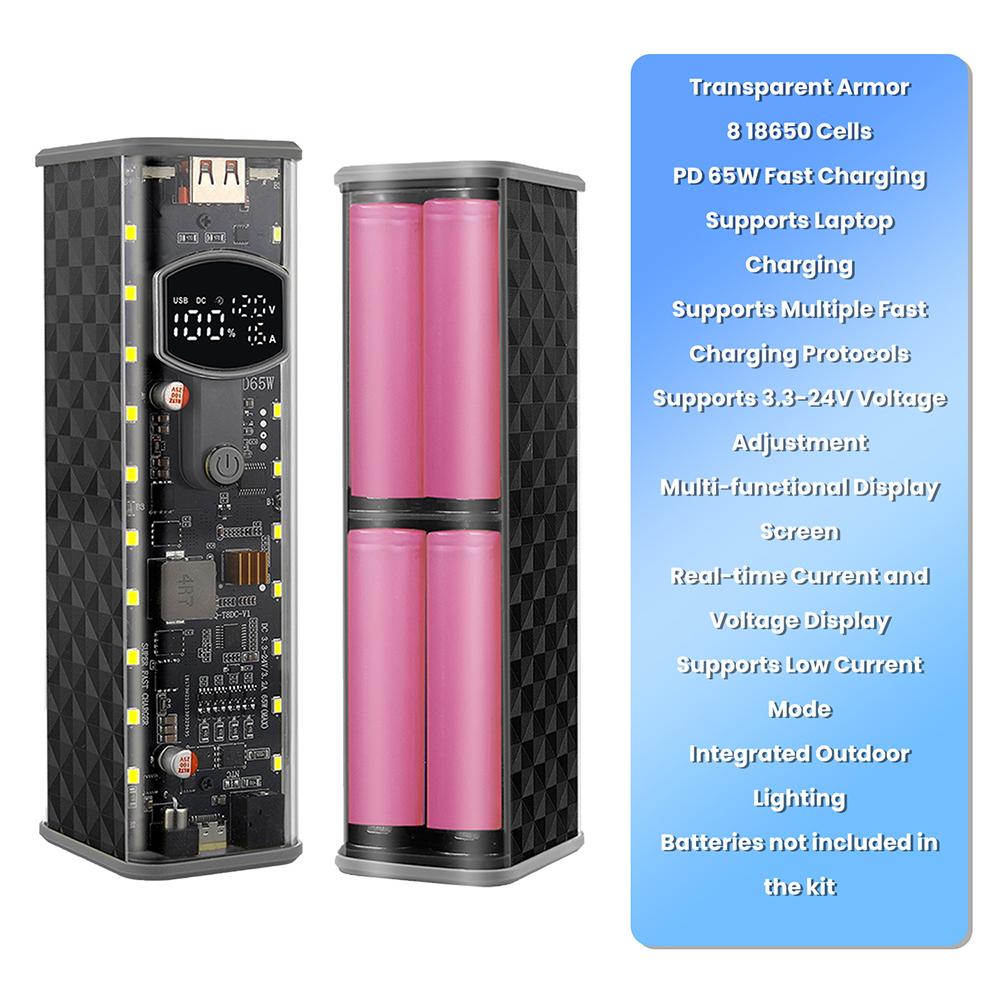 PD65W 45W Süper Hızlı Şarj Kendin Yap Powerbank Kılıfı Kaynaksız 8 Hücreli 18650 Pil Saklama Kutusu Çift USB Type-C Çıkış
