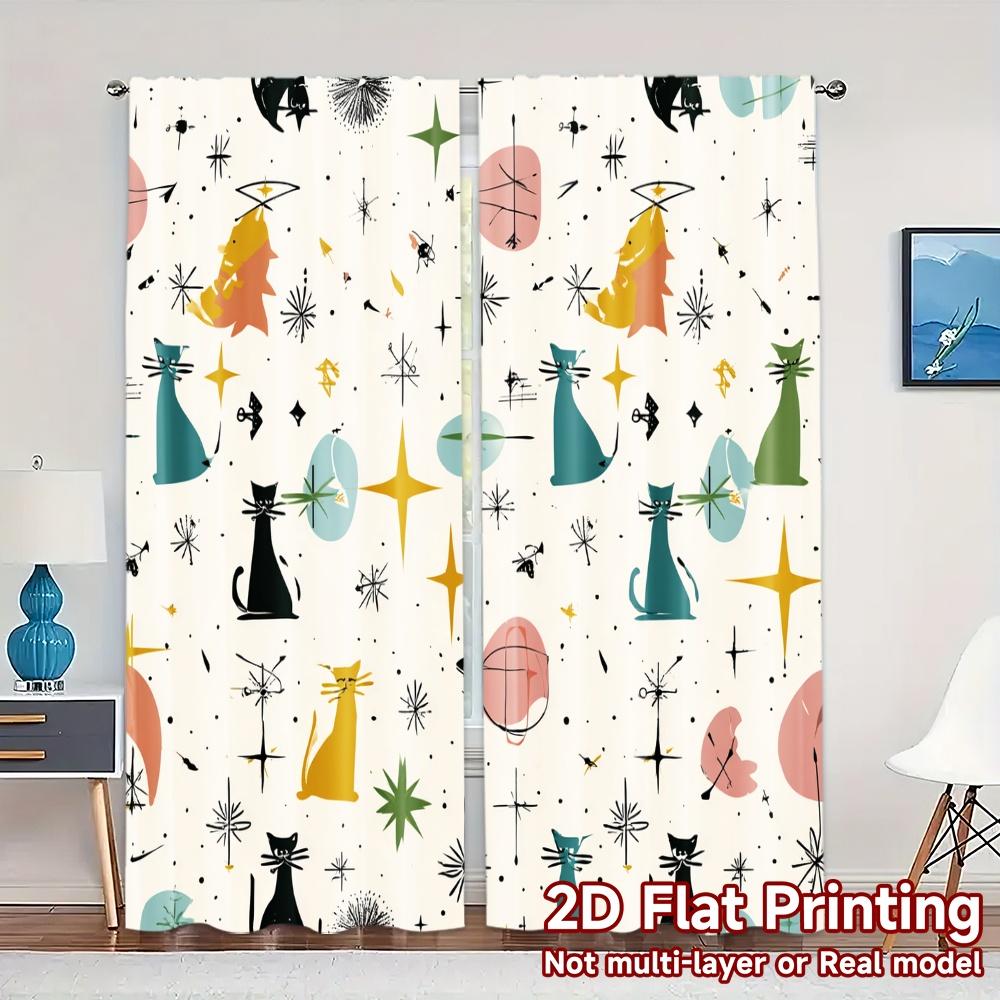

2D Flat Printing JIT 2pcs Curtains (Without Rod) Atomic Cats Chic Chic Curtain Polyester Easy Install Curtains Holiday Ldeal 100*130 Rod Pocket 1pcs