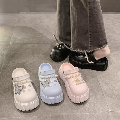 Fashion Hole Shoes Women's New Summer Wear Pearl Butterfly Rhinestone Accessories Versatile Non-slip Cool Slippers