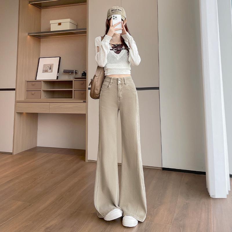 

Women s High-Waisted Milk Tea Color Flared Jeans: Long, Elastic, Slimming, Wide-Leg Design for Spring & Autumn M