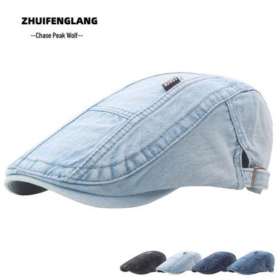 Herren Patchwork Washed Denim Baskenmütze: Britischer Stil Lässige Entenschnabel Schiebermütze für Herbst & Winter