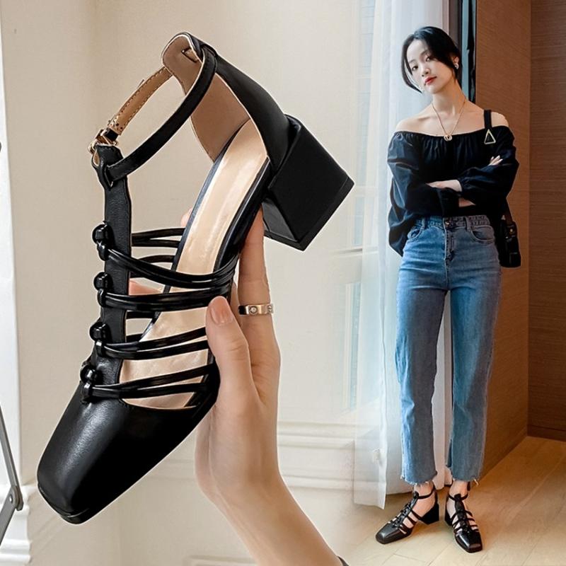 Fashion HOT SALES Summer Shoes Women Square Toe Cover Heel Gladiator Modern Sandals Geunine Leather Chunky Heel High Heel Woven Sandals