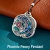 Retro 999 Sterling Silver Enamel Phoenix & Peony Pendant - Unisex Chinese Style Ornament