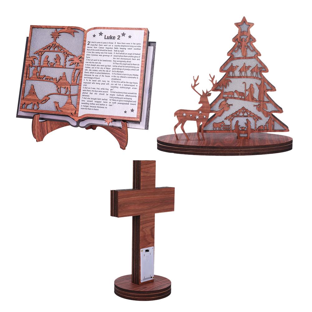 Nativity Scene Figurine Wood Stand Book Bible With LED Light Wooden Xmas Creative Art Craft Christmas Atmosphere Decoration