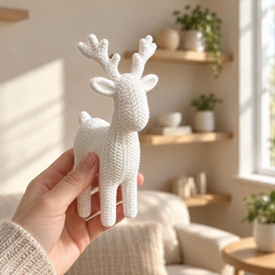 Minimalist Christmas Home Decor 3D Antler Deer Ornament for Decor, White Knitted Modern Winter Wonderland Texture Tabletop Figurine Holiday