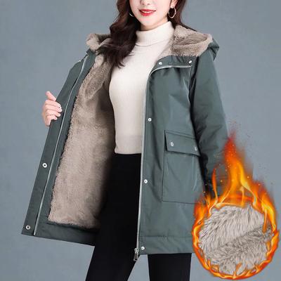 Casaco de inverno feminino casual quente acolchoado casacos neve wear plush parka comprimento médio solto com capuz veludo forrado