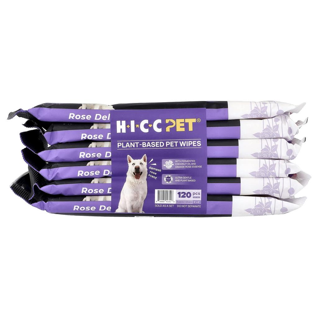 HICC Pet, Plant-Based Pet Wipes, for Dogs and Cats, Damask Rose, 6 Packs, 20 Sheets