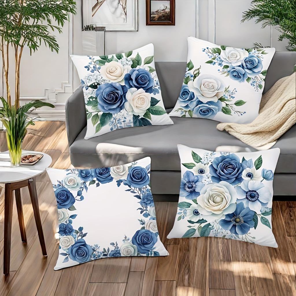 Assorted Blue Flowers Print Home Decor Pillowcases Bedroom Living Room Sofa Decoration Polyester Cushion Covers With Zipper