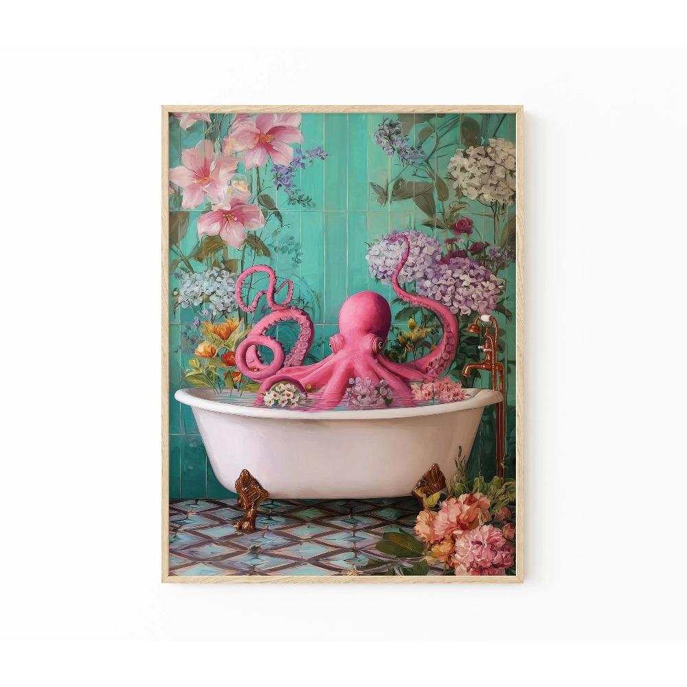 

Luxury Bathtub Octopus Posters Modern Bathroom Eclectic Colorful Toilet Prints Canvas Wall Art Pictures Home Living Room Decor 21X30CMNo Framed