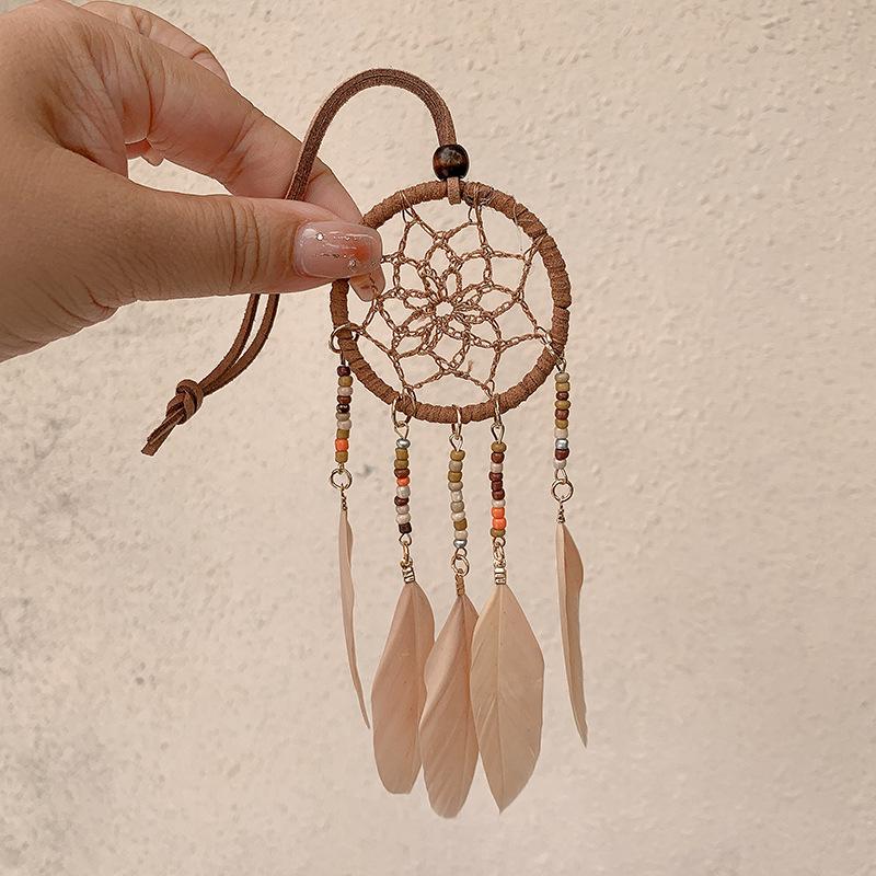Bohemian Dream Catcher Wind Chime Pendant with Rice Beads - 5cm Wide, Southeast Asian Ethnic Style for Car Decoration.