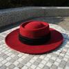 Japanese Retro Angola Red Woolen Flat Top Top Hat Women'S Autumn And Winter French Wide Brim Burgundy Jazz Felt