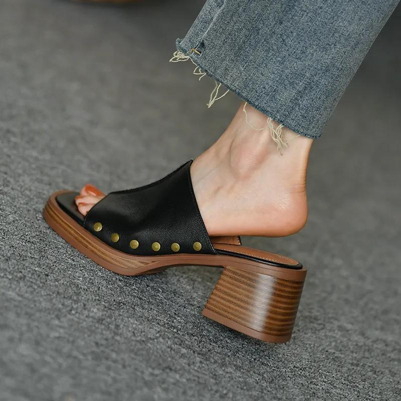 Dámské pantofle Silné vysoké podpatky Kvalitní pravá kůže Módní peep toe lodičky Platformy Ležérní párty boty Dámské nazouváky Dámské