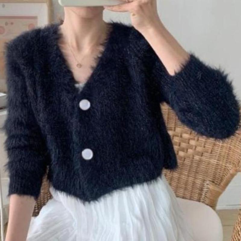 

Осінній в язаний светр 2022, вовняний верхній одяг, фіолетовий кардиган, жіночий короткий стиль One Size чорний