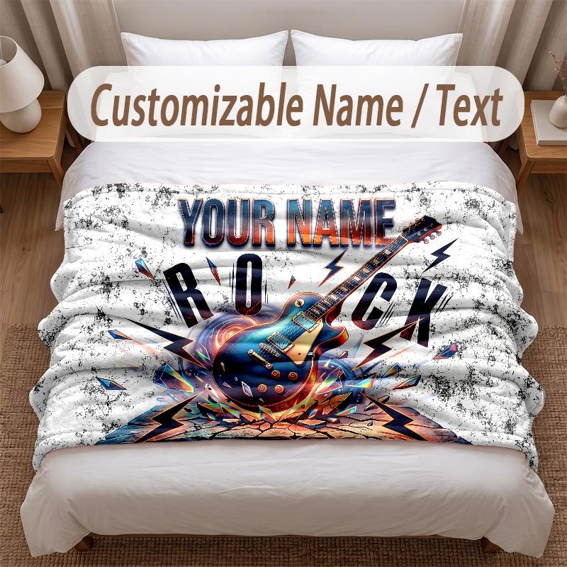 Music Guitar Theme Soft Blanket Personalized Custom Name Text Print Warm Blanket Home Sofa Bedroom Decor
