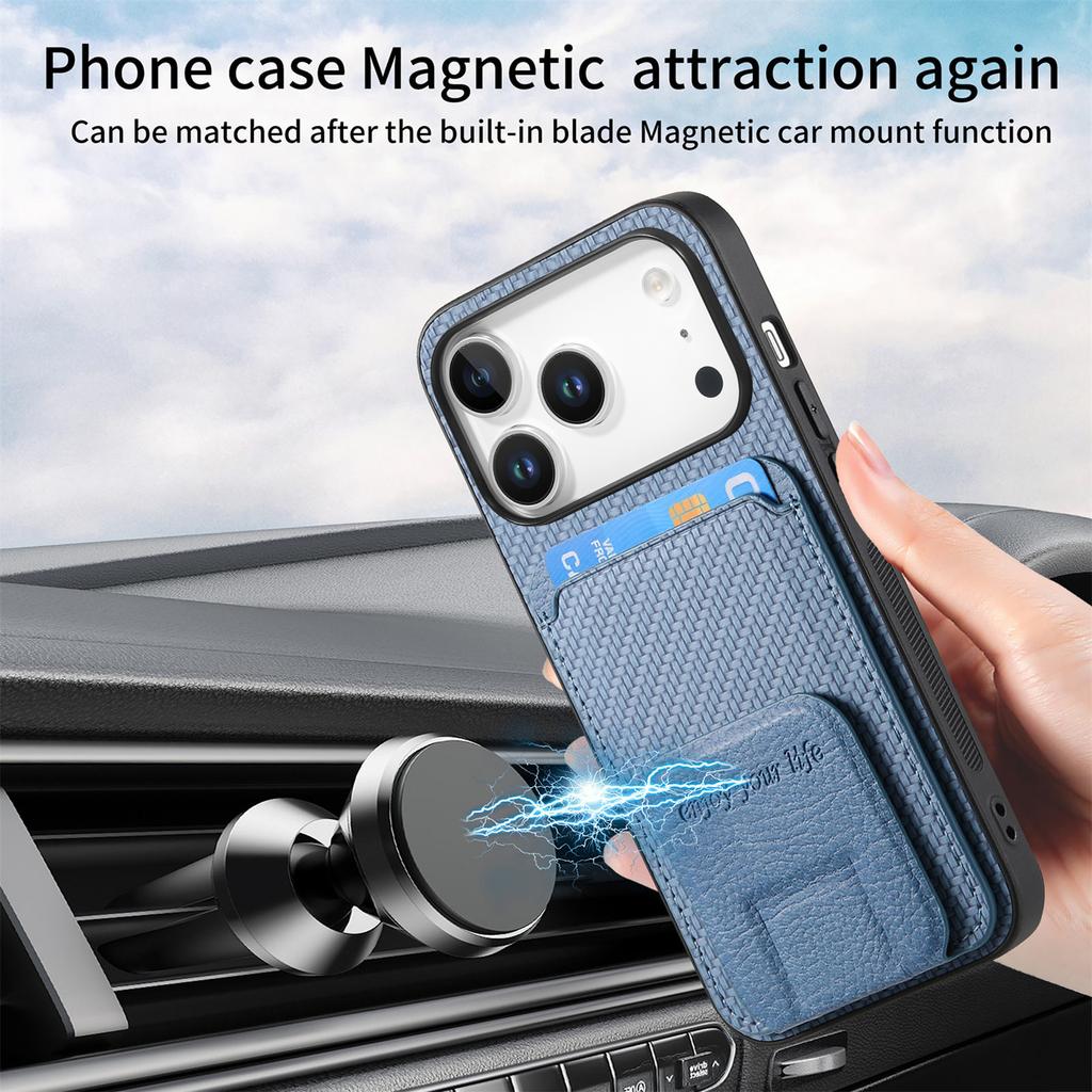 For iPhone 17 Pro Max Case Card Holder Carbon Fiber Texture Leather Coated TPU Phone Cover